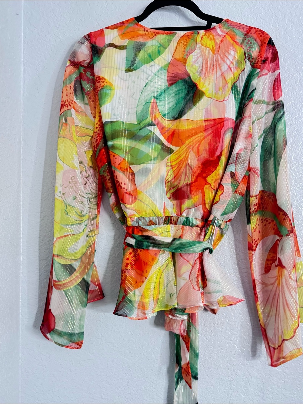 White House Black Market V-Neck Sheer Floral Top - Orange, Green, Red, Cream - Picture 12 of 12